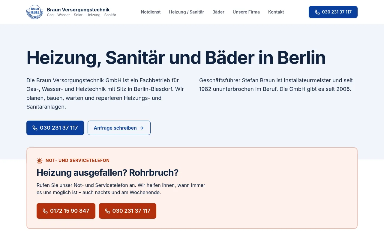 Startseite von www.fa-braun.de: Braun Versorgungstechnik GmbH, Heizung, Sanitär und Bäder in Berlin